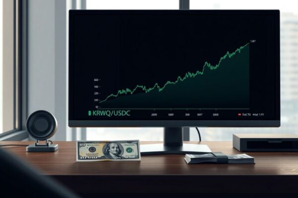 Professional trading desk interface showing the EDXM KRWQ/USDC derivative chart for forex trading.