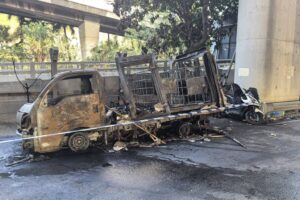 A truck that caught fire on Container Terminal South Road on Monday is suspected of having been converted to carry up to 2,000 litres of black-market fuel. Photo: Handout