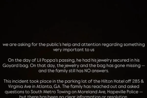 A text post asking for public help regarding missing jewelry and a bag after Lil Poppa's passing, with hashtags for awareness.