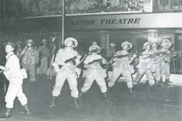 British Army Gurkha soldiers on riot control duty at Nathan Road, Kowloon, during the Star Ferry Riots, in April 1966.
