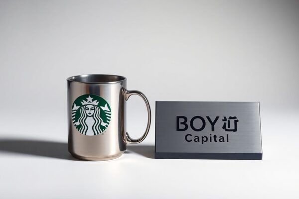 A minimalist, high-end studio still-life photograph featuring a polished metal Starbucks coffee mug and a sleek, geometric Boyu Capital logo plaque, arranged elegantly on a clean, monochromatic background with dramatic lighting and shadows, conceptually representing the strategic alliance between the two companies.