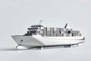 A highly detailed, photorealistic studio still life featuring a polished, geometric metal model of a container ship against a clean, monochromatic background, symbolizing the strength and precision of the global shipping industry.