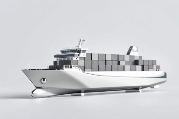 A highly detailed, photorealistic studio still life featuring a polished, geometric metal model of a container ship against a clean, monochromatic background, symbolizing the strength and precision of the global shipping industry.