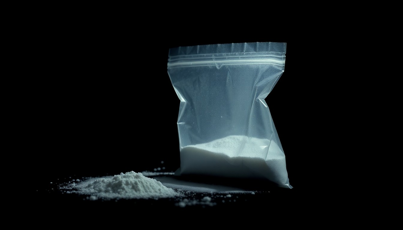 An extreme close-up photograph of a small plastic bag containing an unidentified white powder, lit by a harsh, direct camera flash against a pitch-black background, creating a stark, gritty, investigative aesthetic.