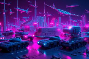 A highly detailed, glowing 3D illustration of military technology like missiles, tanks, and aircraft, illuminated by neon cyan and magenta lights, conceptually representing the U.S. defense capabilities and readiness.