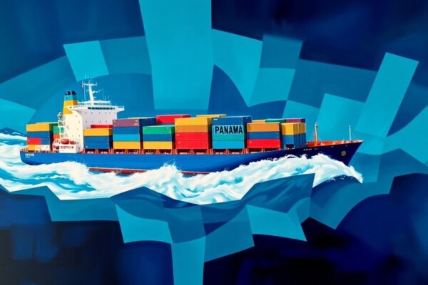 A vibrant, abstract painting depicting a Panama-flagged cargo ship in motion, with the ship's form repeated in overlapping, fractured geometric shapes in shades of blue, conveying a sense of disruption and geopolitical tension.