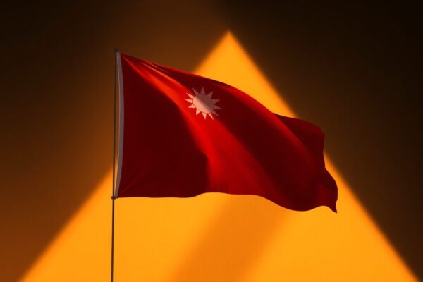 A serene, cinematic painting of a solitary Taiwanese flag waving in the wind, the fabric illuminated by warm, diagonal sunlight and deep shadows, evoking a sense of quiet resilience and determination.