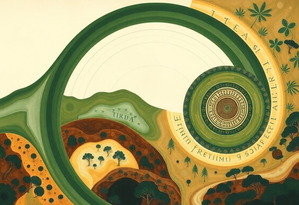 A bold, abstract painting in earthy tones depicting the complex interplay of natural forces and human intervention that transformed the once-barren Taklamakan Desert into a lush, carbon-absorbing forest, using sweeping geometric shapes and precise botanical spirals to convey the structural order of the transformed landscape.