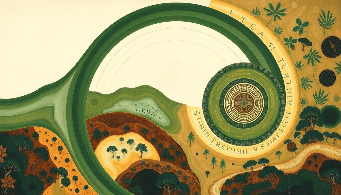 A bold, abstract painting in earthy tones depicting the complex interplay of natural forces and human intervention that transformed the once-barren Taklamakan Desert into a lush, carbon-absorbing forest, using sweeping geometric shapes and precise botanical spirals to convey the structural order of the transformed landscape.