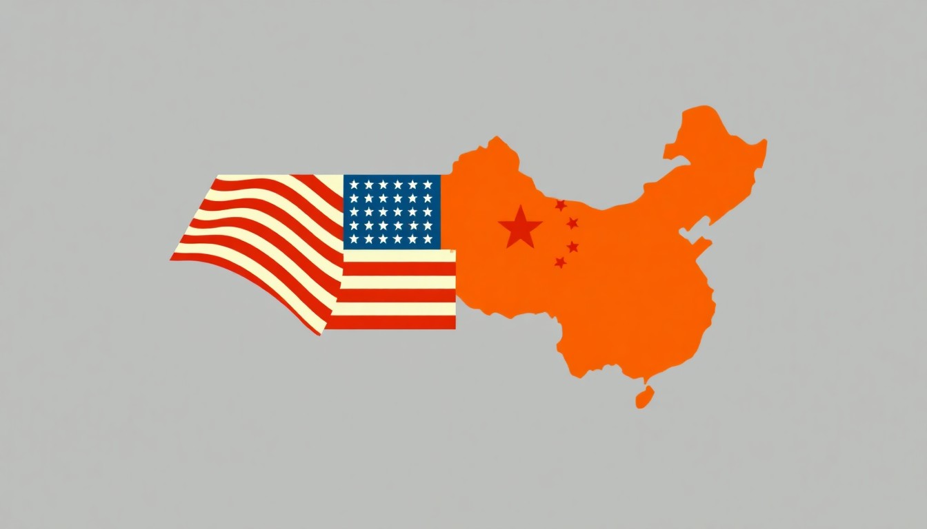 A geometric abstract illustration using bold shapes and primary colors to conceptually represent the stable yet complex economic relationship between the United States and China.