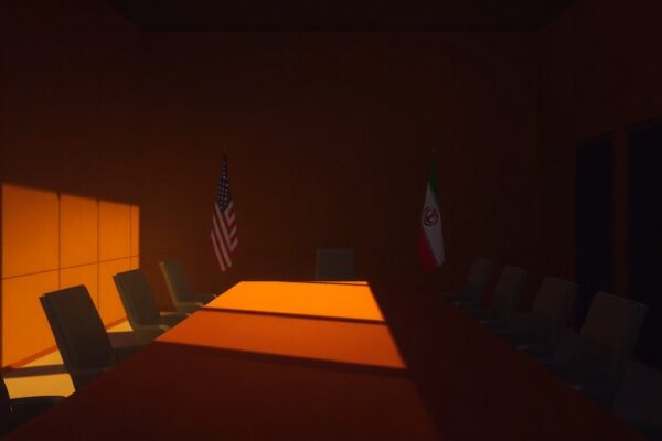 A serene, cinematic painting of a solitary diplomatic meeting table bathed in warm, golden light, conceptually representing the quiet negotiations that led to the US-Iran ceasefire.