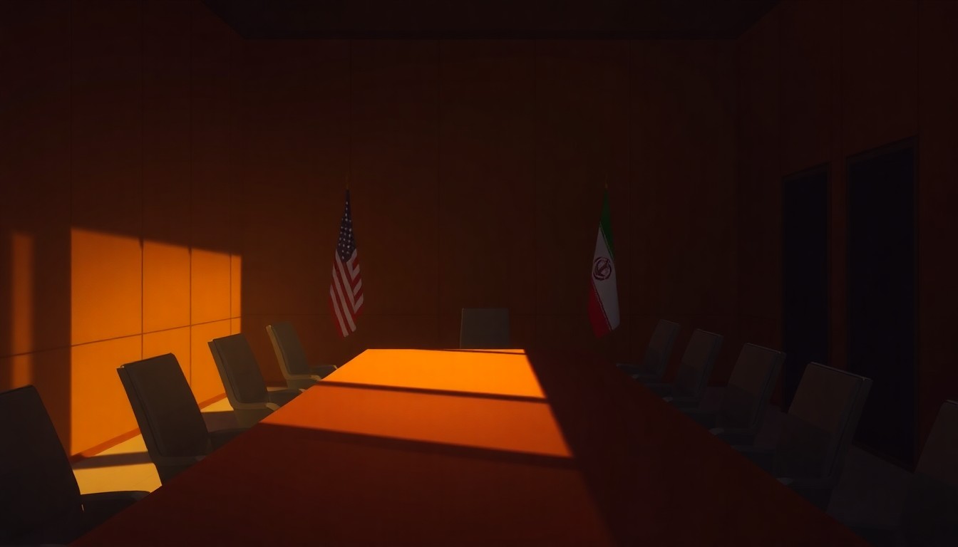 A serene, cinematic painting of a solitary diplomatic meeting table bathed in warm, golden light, conceptually representing the quiet negotiations that led to the US-Iran ceasefire.
