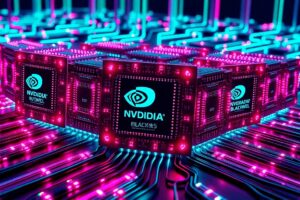 A highly detailed, glowing 3D illustration of a cluster of interconnected Nvidia Blackwell AI chips, bathed in neon cyan and magenta lights, conceptually representing the hidden digital infrastructure powering China's AI development.