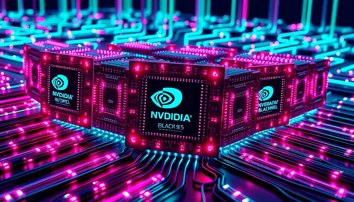 A highly detailed, glowing 3D illustration of a cluster of interconnected Nvidia Blackwell AI chips, bathed in neon cyan and magenta lights, conceptually representing the hidden digital infrastructure powering China's AI development.