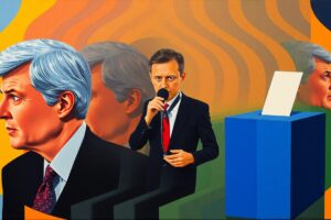 An abstract, avant-garde painting featuring overlapping, geometric shapes and waves of bold colors, representing the fractured and chaotic nature of the UK government's decision-making around local elections.