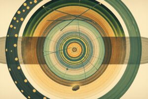 A highly textured, abstract painting in muted earth tones depicting sweeping geometric arcs, concentric circles, and intersecting waveforms, conceptually representing the complex scientific forces behind China's planned asteroid deflection mission.