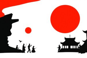 An abstract, minimalist illustration featuring bold, jagged geometric shapes in contrasting colors, representing the varied movie preferences and box office trends across different regions of China during the recent New Year holiday period.