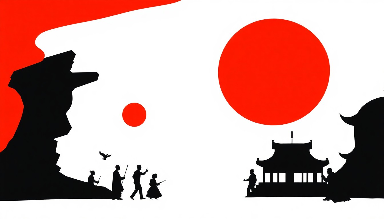 An abstract, minimalist illustration featuring bold, jagged geometric shapes in contrasting colors, representing the varied movie preferences and box office trends across different regions of China during the recent New Year holiday period.