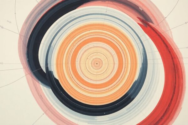 A highly structured abstract painting in soft, flat colors depicting sweeping geometric arcs, concentric circles, and precise spirals, conceptually representing the complex electrical forces and smart grid technology enabling 0.1-second blackout recovery.