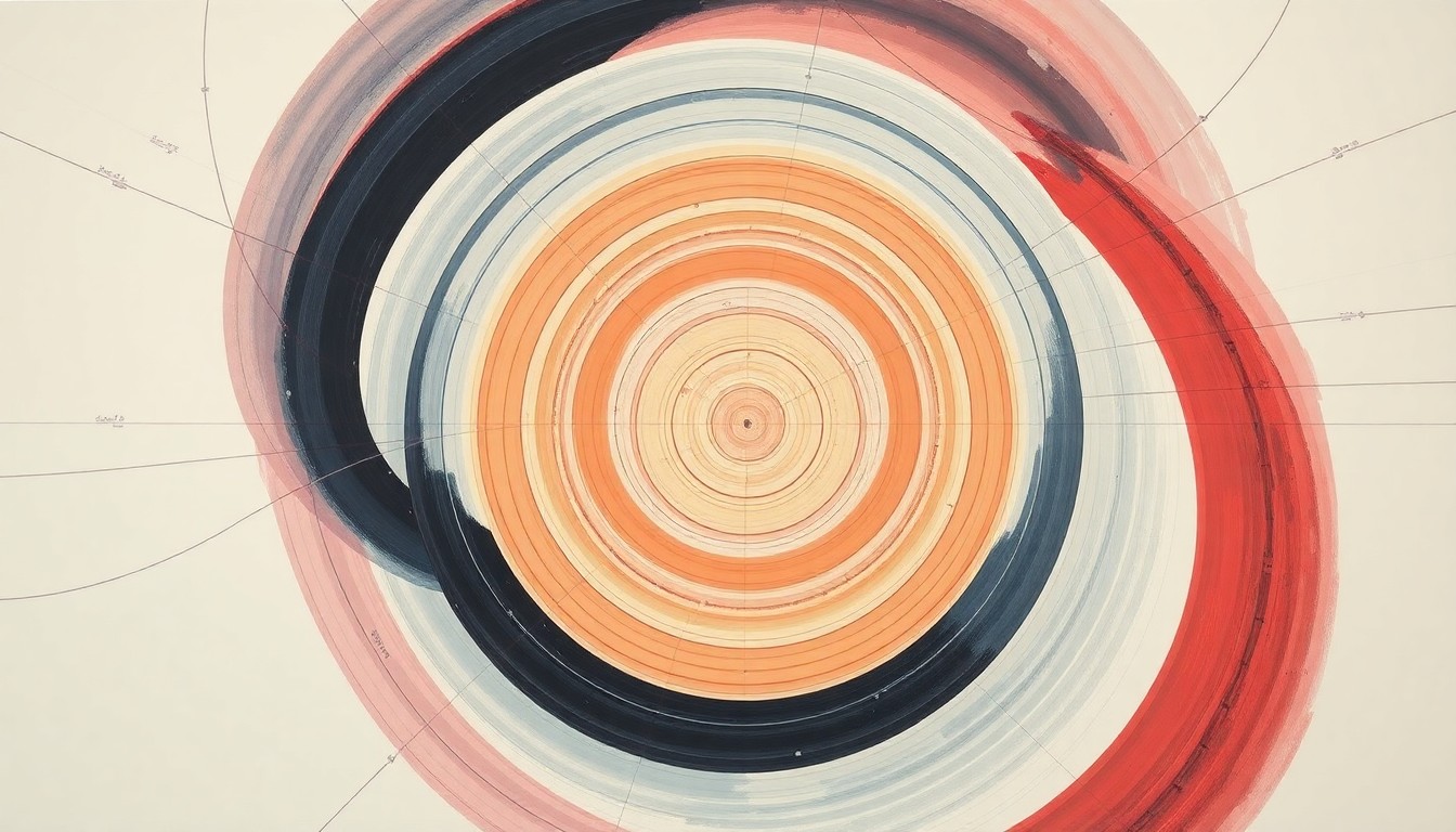 A highly structured abstract painting in soft, flat colors depicting sweeping geometric arcs, concentric circles, and precise spirals, conceptually representing the complex electrical forces and smart grid technology enabling 0.1-second blackout recovery.