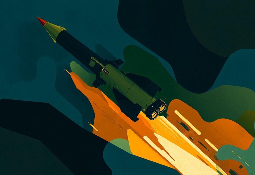 A dynamic, abstract painting featuring overlapping, fractured shapes in shades of blue, green, and orange, conceptually representing the geopolitical tensions surrounding a potential Chinese weapons transfer to Iran.