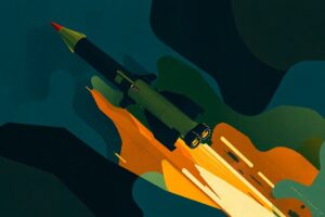 A dynamic, abstract painting featuring overlapping, fractured shapes in shades of blue, green, and orange, conceptually representing the geopolitical tensions surrounding a potential Chinese weapons transfer to Iran.