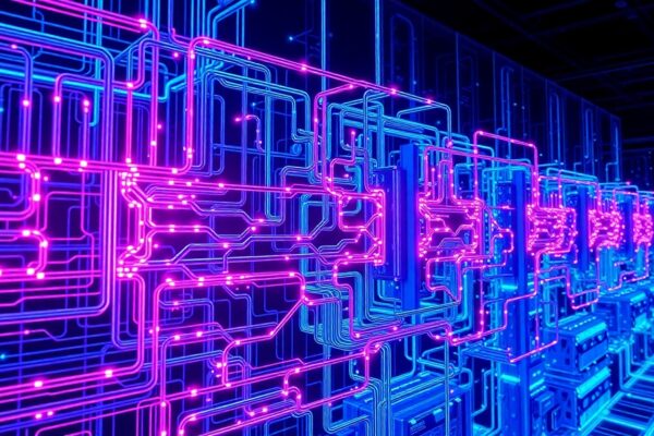 A highly detailed, glowing 3D illustration of a complex network of interconnected circuits, cables, and data servers in shades of neon blue, purple, and magenta, conceptually representing the advanced digital infrastructure powering the global AI research community.