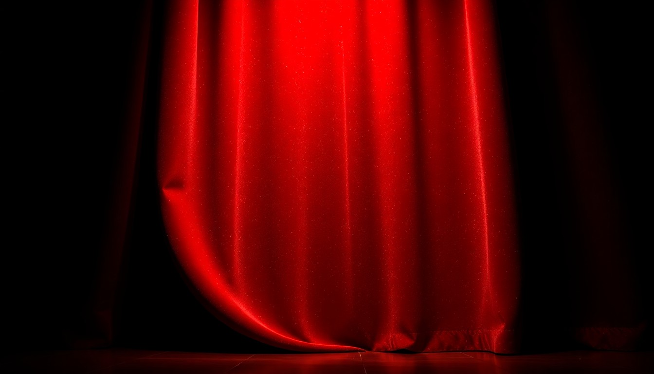 An extreme close-up photograph of luxurious, shimmering red velvet fabric in dramatic studio lighting, conceptually representing the glamour and prestige of a national performing arts center.