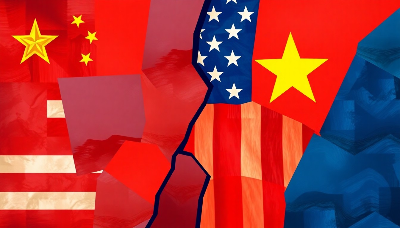 A dynamic, abstract painting featuring overlapping, fragmented shapes and waves of red, blue, and yellow, conceptually representing the tension and conflict between China and the United States over foreign policy issues.
