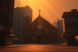A serene, photorealistic painting of a Catholic church building in a Chinese city, with the facade bathed in warm, golden light and the surrounding area cast in deep shadows, conveying a sense of quiet contemplation and the fragility of religious freedom.