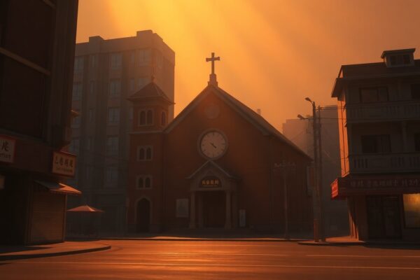 A serene, photorealistic painting of a Catholic church building in a Chinese city, with the facade bathed in warm, golden light and the surrounding area cast in deep shadows, conveying a sense of quiet contemplation and the fragility of religious freedom.