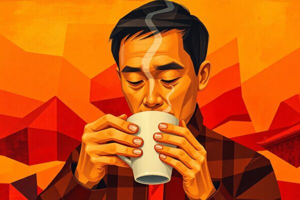 A vibrant, fractured painting of a person drinking from a steaming mug, surrounded by overlapping geometric shapes and waves of warm colors, conceptually representing the global embrace of Chinese cultural practices.