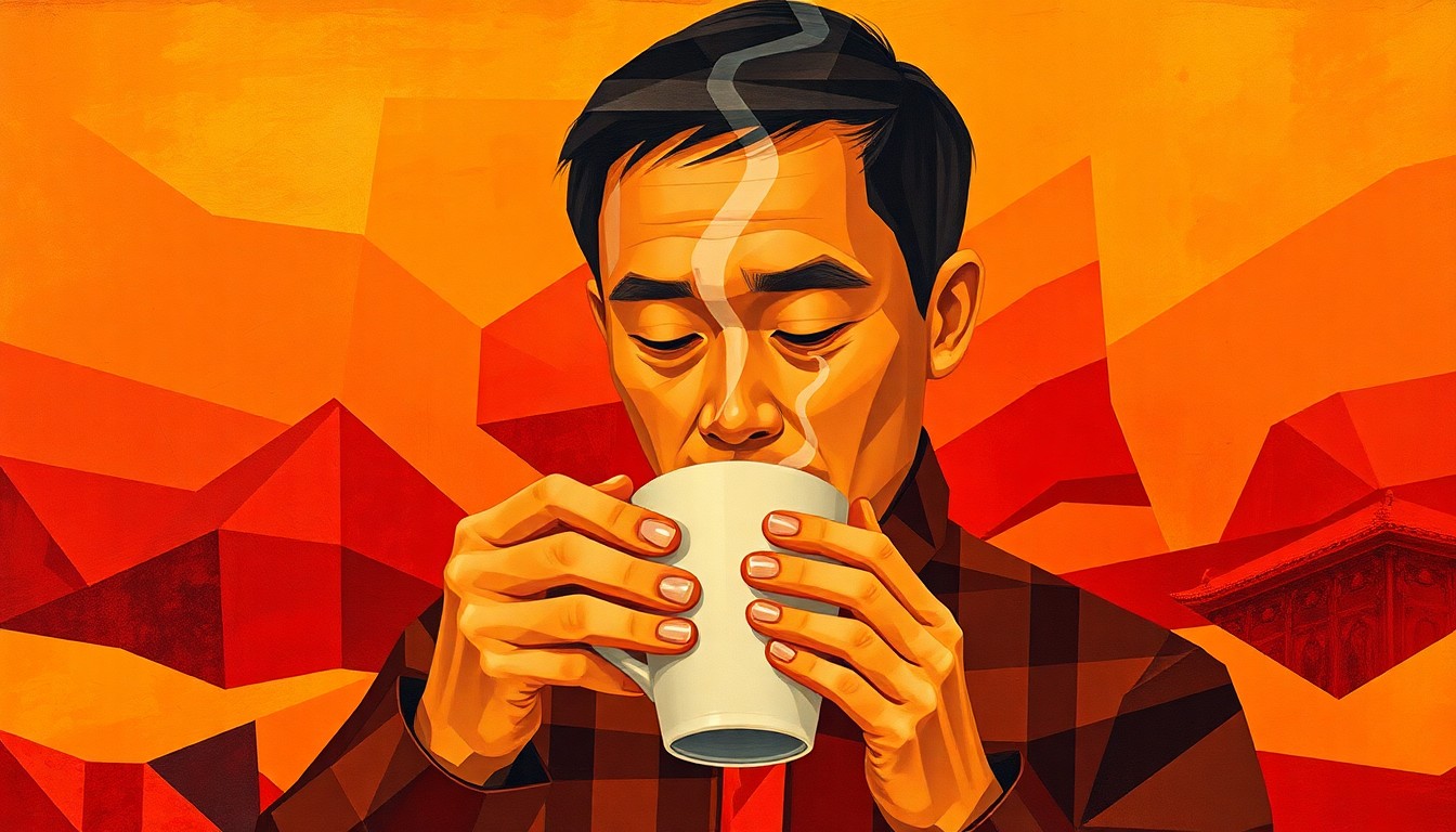 A vibrant, fractured painting of a person drinking from a steaming mug, surrounded by overlapping geometric shapes and waves of warm colors, conceptually representing the global embrace of Chinese cultural practices.