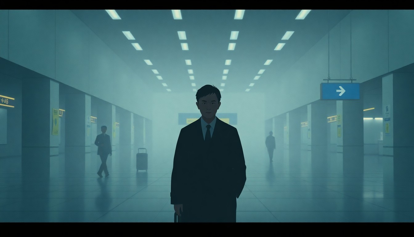 A solitary figure of a Chinese scholar standing alone in a dimly lit airport terminal, their face partially obscured by shadows, conveying a sense of unease and uncertainty through the use of muted colors and a cinematic, nostalgic style.
