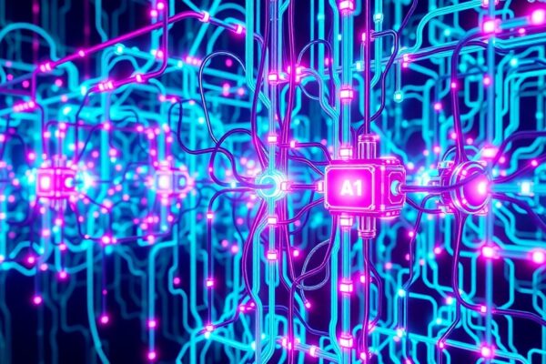 A highly detailed, glowing 3D illustration of a complex, futuristic AI neural network architecture in shades of neon cyan and magenta, conveying the power and complexity of AI technology.