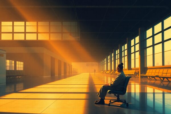 A photorealistic painting of a lone Chinese person sitting in an empty airport terminal, the space bathed in warm, diagonal sunlight and deep shadows, capturing a sense of isolation and unease.