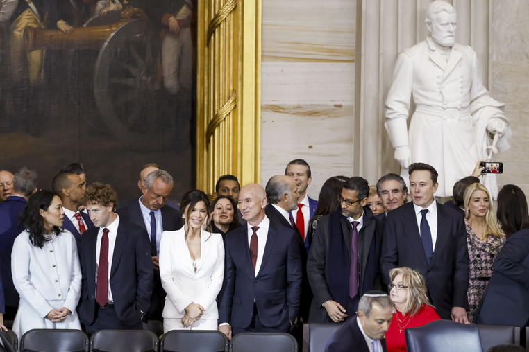 (L-R) Priscilla Chan, Meta CEO Mark Zuckerberg, Lauren Sanchez, Amazon executive chair Jeff Bezos , Alphabet CEO Sundar Pichai, and SpaceX CEO Elon Musk, among other dignitaries, attend the United States Capitol on January 20, 2025 in Washington, DC. (Pool photo by Shawn Thew)
