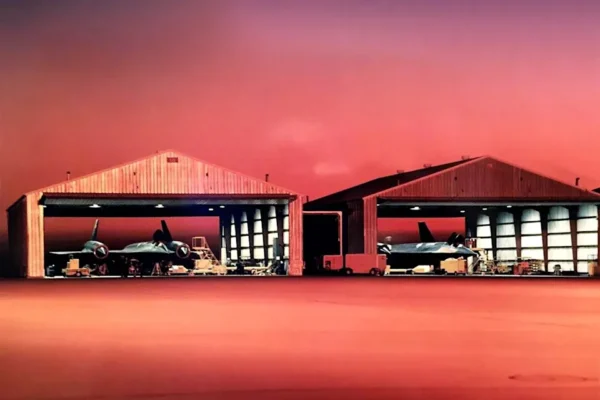 A pair of SR-71 Blackbirds sitting idle in their hangars on the flight line at Beale Air Force Base, California, at dawn. <em>U.S. Air Force</em><br>