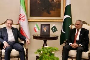 Iran's foreign minister Abbas Araqchi meets with Pakistan's foreign minister Ishaq Dar, as Pakistan prepares to host the US and Iran for the second phase of peace talks, in Islamabad, Pakistan. ( @IRIMFA_SPOX via X/Reuters)