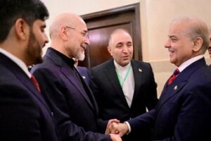 File photo of Pakistani Prime Minister Shehbaz Sharif with Iranian Parliament Speaker Mohammad Bagher Ghalibaf during Islamabad peace talks last weekend. (Photo for representation) (via REUTERS)