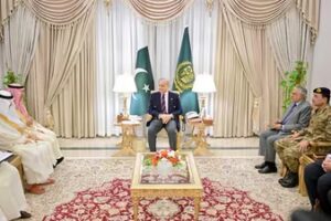 Pakistan's Prime Minister Shehbaz Sharif along with Pakistan's Chief of Army Staff (COAS) Asim Munir during the meeting with Saudi Arabia Finance Minister Mohammed Al-Jadaan. (via REUTERS)