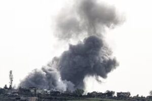 Smoke rises from targeted areas in the town of Arnoun, in Lebanon Nabatieh province following an airstrike, on April 26, 2026. (AFP)