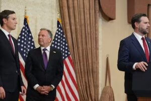 Vice President JD Vance, right, speaks during a news conference after meeting with representatives from Pakistan and Iran as Jared Kushner, left, and Steve Witkoff, Special Envoy for Peace Missions listen, on Sunday, (AP)