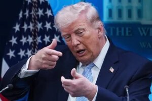 FILE - President Donald Trump pretends to aim a sniper gun while speaking with reporters in the James Brady Press Briefing Room at the White House. (AP Photo/Julia Demaree Nikhinson, File) (AP)