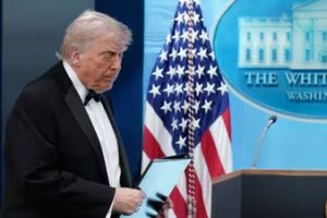 President Donald Trump arrives to speak in the James Brady Press Briefing Room at the White House after a shooting outside the ballroomt at the annual White House Correspondents' Association Dinner in Washington, Saturday, April 25, 2026. (AP Photo/Jose Luis Magana) (AP)
