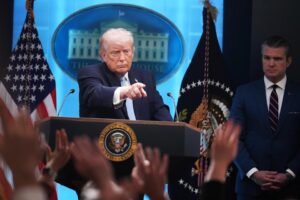 UNITED STATES - APRIL 6: President Donald Trump and Defense Secretary Pete Hegseth conduct a news conference in the White House briefing room about the war in Iran on Monday, April 6, 2026. (Tom Williams/CQ-Roll Call, Inc via Getty Images)