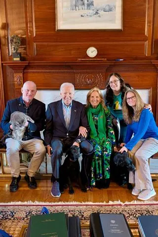 Pictured left to right: Patrick Carroll, Joe Biden, Dr. Jill Biden Michelle Iorri, and Dawn Groover with the Bidens' petsCredit: Dawn Groover property of Humane Animal Partners