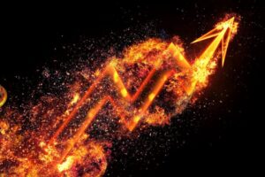 A flaming chart arrow moving up.
