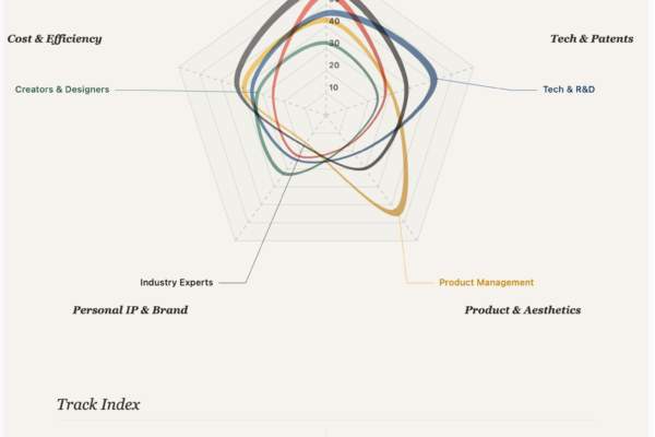 Fig. 1 — Founder competitiveness mapped across five background tracks (Operations & Growth, Tech & R&D, Product Management, Industry Experts, Creators & Designers). Operations and Tech tracks are nearly tied at 26% and 25% respectively, marking a decisive shift away from the engineer-dominated founder profile of the pre-AI era.