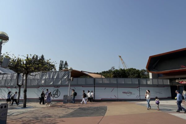 Demolition has begun in Tomorrowland at Hong Kong Disneyland for the Tower of Terror-style Spider-Man drop tower coming soon.